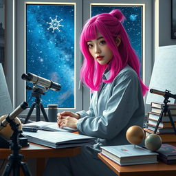 A young Korean woman in her 20s with vibrant neon pink hair, wearing a stylish university outfit that reflects her cosmology studies