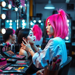 A young Korean woman in her 20s with stunning neon pink hair, showcasing her skills as a professional makeup artist