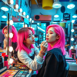 A young Korean woman in her 20s with stunning neon pink hair, showcasing her skills as a professional makeup artist