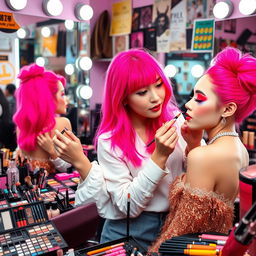 A young Korean woman in her 20s with stunning neon pink hair, showcasing her skills as a professional makeup artist