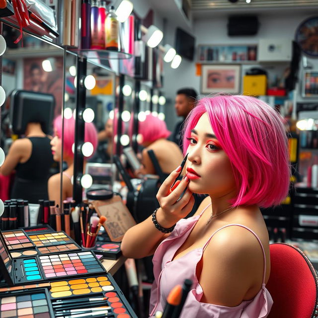 A young Korean woman in her 20s with stunning neon pink hair, showcasing her skills as a professional makeup artist