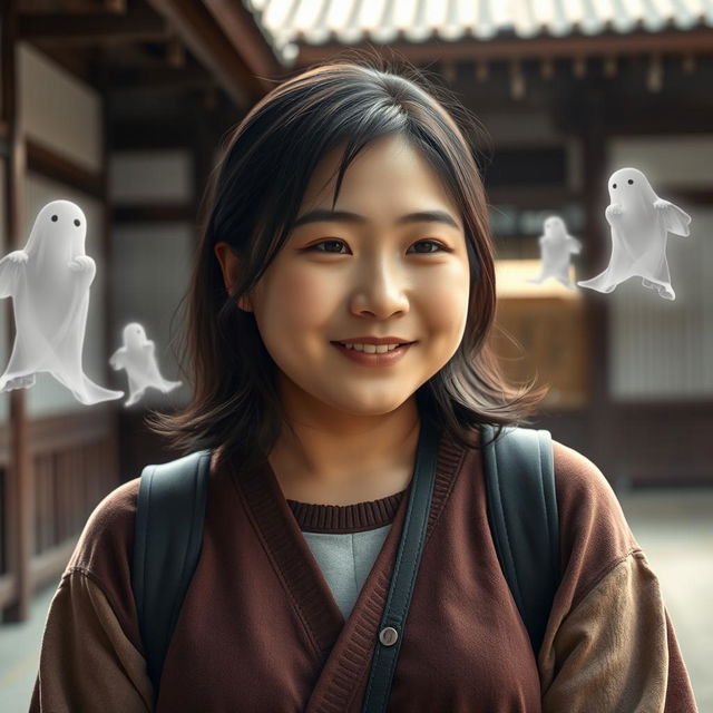 A real-life inspired portrayal of a chubby Japanese woman in her 20s, characterized by her warmth and approachable demeanor