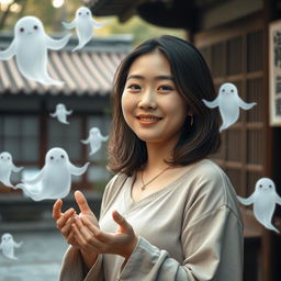 A real-life inspired portrayal of a chubby Japanese woman in her 20s, characterized by her warmth and approachable demeanor