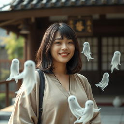 A real-life inspired portrayal of a chubby Japanese woman in her 20s, characterized by her warmth and approachable demeanor