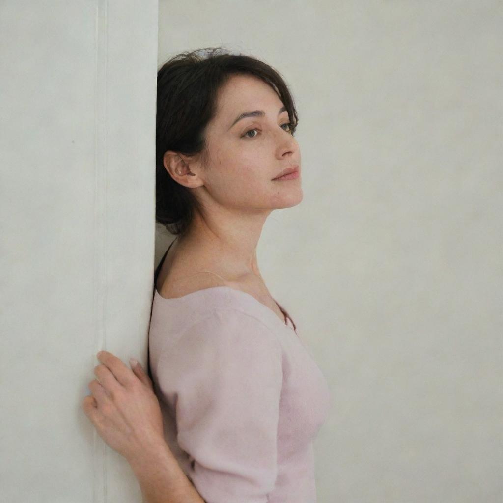 A woman leaning, her shoulder resting casually against a door