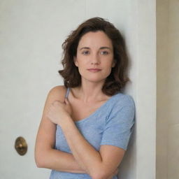 A woman leaning, her shoulder resting casually against a door