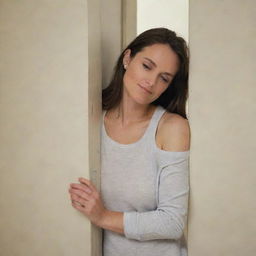 A woman leaning, her shoulder resting casually against a door inside a room