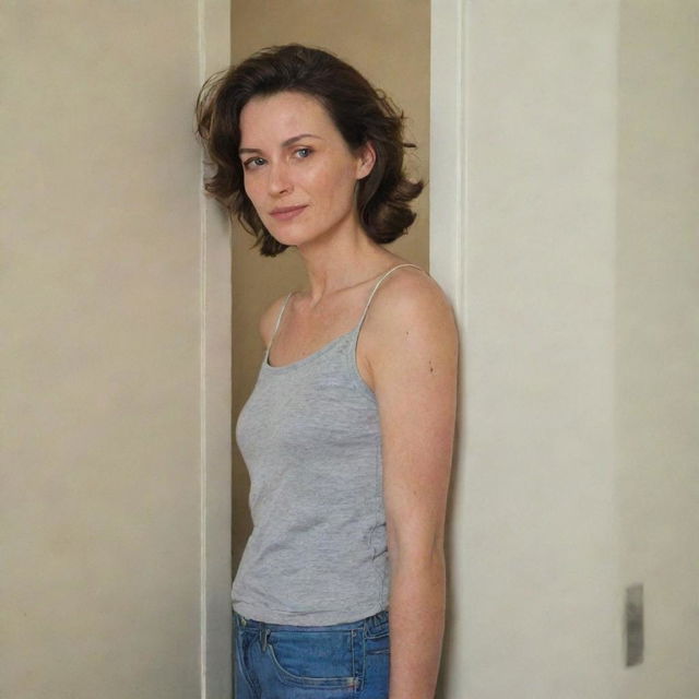 A woman leaning, her shoulder resting casually against a door inside a room