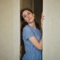 A woman leaning, her shoulder resting casually against a door inside a room