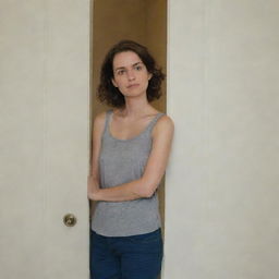 A woman leaning, her shoulder resting casually against a door inside a room