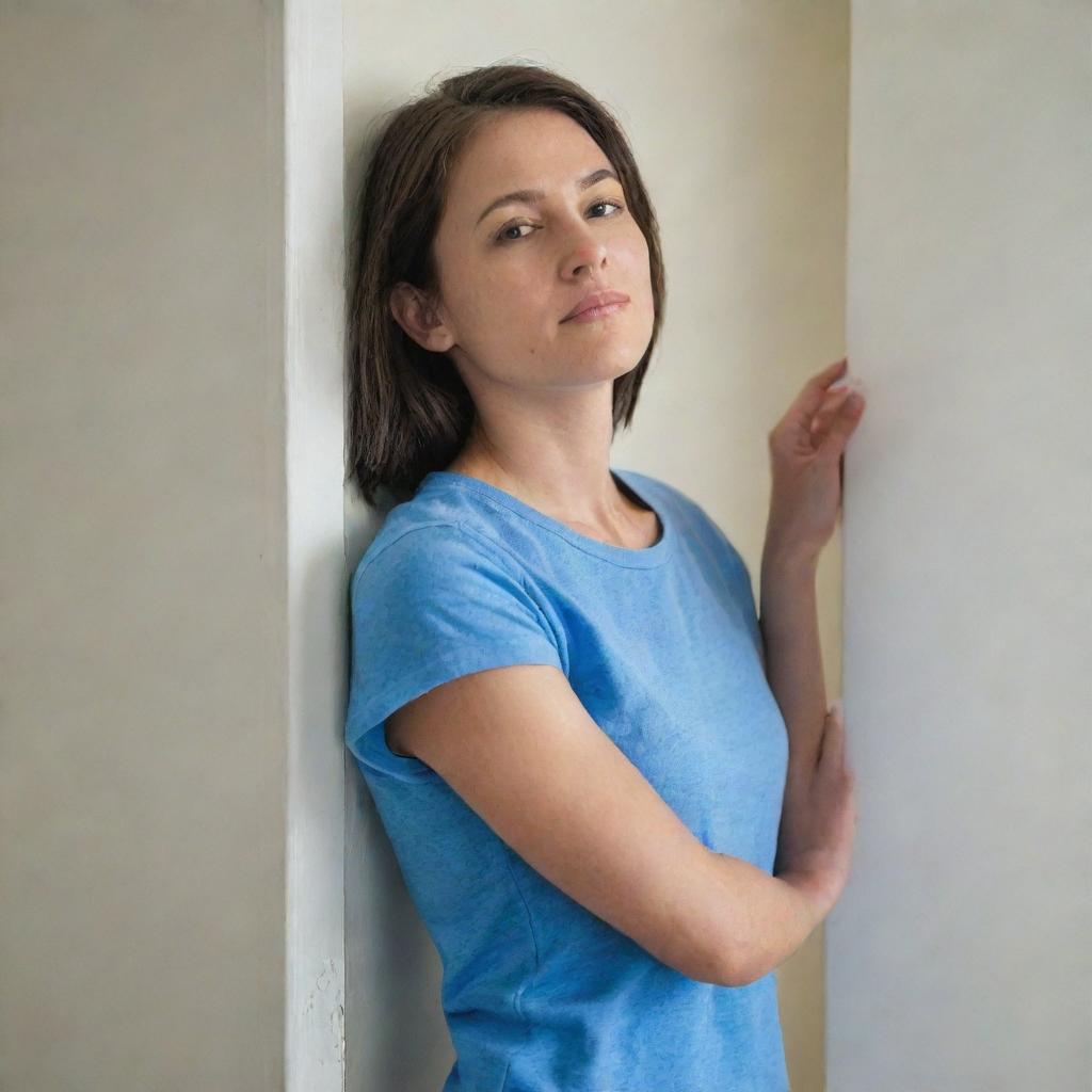 A woman wearing a blue shirt, resting her shoulder casually against a door inside a room