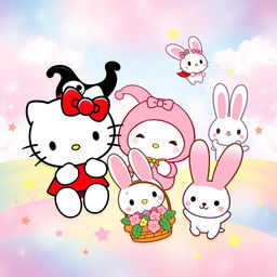 A whimsical and colorful scene featuring the beloved Sanrio characters: Hello Kitty, Kuromi, My Melody, and Cinnamoroll