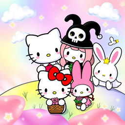 A whimsical and colorful scene featuring the beloved Sanrio characters: Hello Kitty, Kuromi, My Melody, and Cinnamoroll