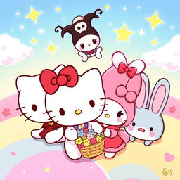 A whimsical and colorful scene featuring the beloved Sanrio characters: Hello Kitty, Kuromi, My Melody, and Cinnamoroll