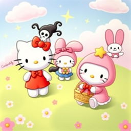 A whimsical and colorful scene featuring the beloved Sanrio characters: Hello Kitty, Kuromi, My Melody, and Cinnamoroll