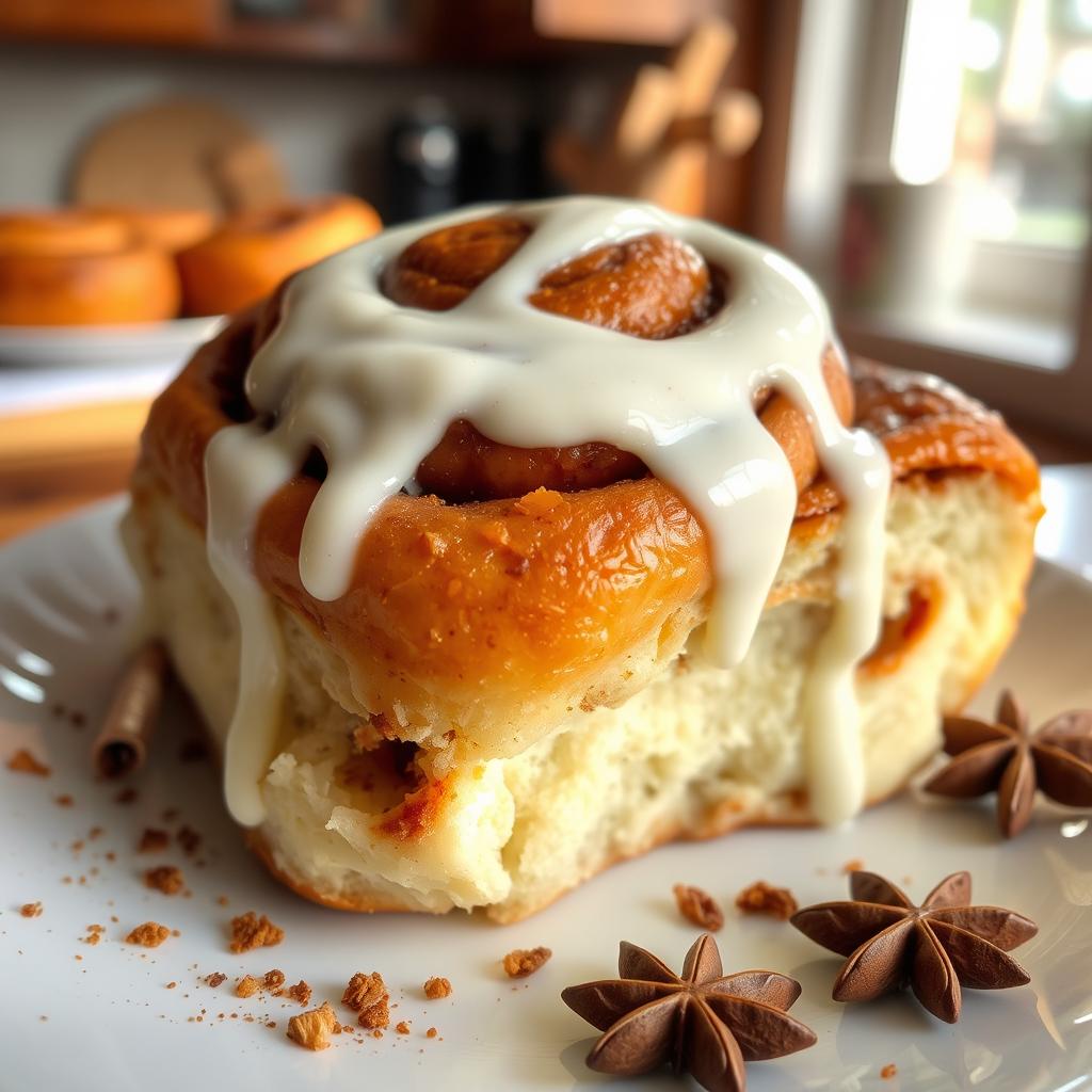 A delicious, freshly baked cinnamon roll, warm and fluffy, topped with a generous drizzle of cream cheese icing