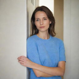 A woman wearing a blue shirt, resting her shoulder casually against a door inside a room