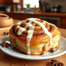 A delicious, freshly baked cinnamon roll, warm and fluffy, topped with a generous drizzle of cream cheese icing