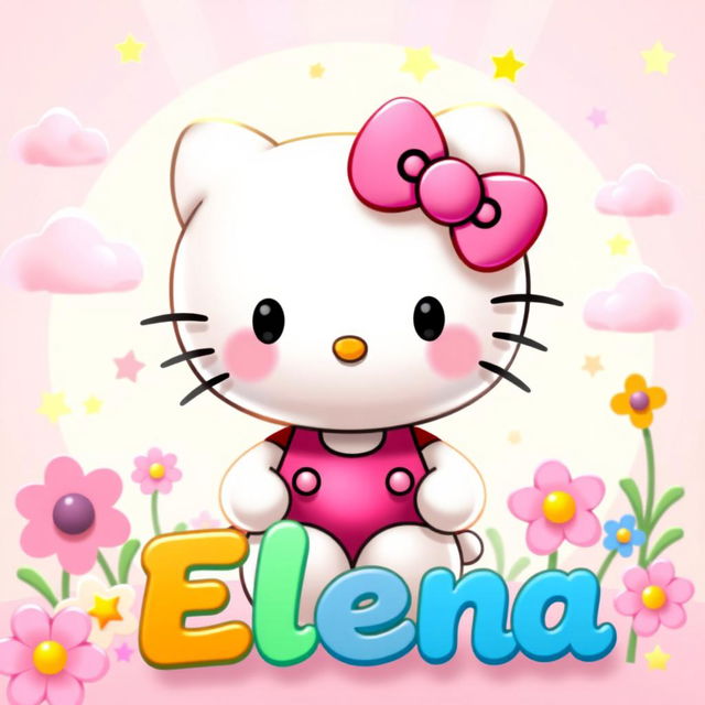 A cute, animated depiction of Hello Kitty, the beloved character, featuring her in a whimsical, colorful setting