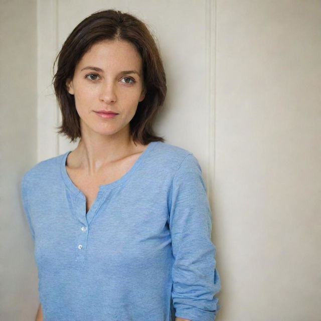 A woman wearing a blue shirt, resting her shoulder casually against a door inside a room