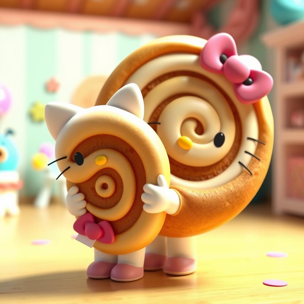 A whimsical 3D animated scene featuring a cute Hello Kitty character holding a giant cinnamon roll, full of vibrant colors and charm