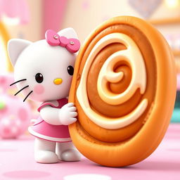 A whimsical 3D animated scene featuring a cute Hello Kitty character holding a giant cinnamon roll, full of vibrant colors and charm