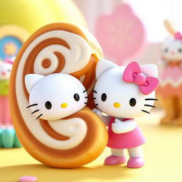 A whimsical 3D animated scene featuring a cute Hello Kitty character holding a giant cinnamon roll, full of vibrant colors and charm