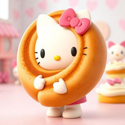 A whimsical 3D animated scene featuring a cute Hello Kitty character holding a giant cinnamon roll, full of vibrant colors and charm