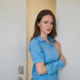 A woman wearing a blue shirt, resting her shoulder casually against a door inside a room