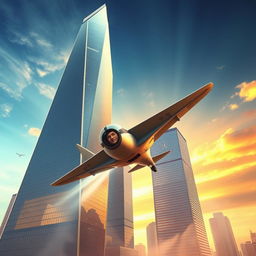 A dramatic scene featuring two towering skyscrapers, depicted in a sleek, modern architectural style