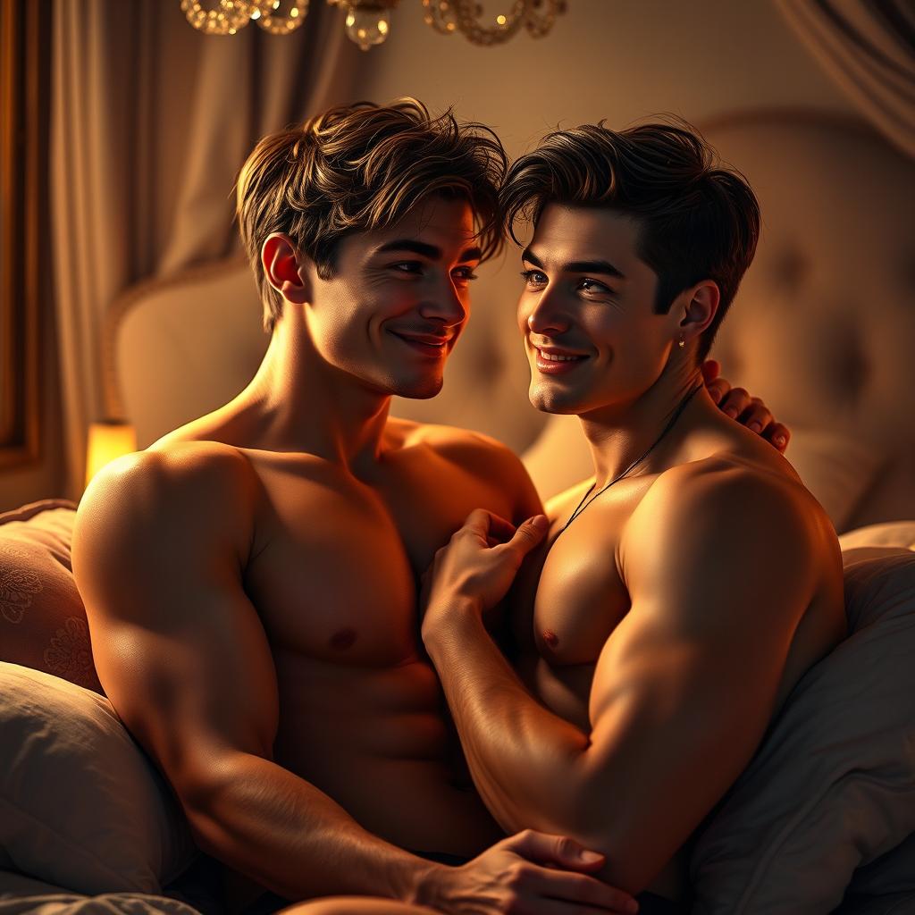 A sensual and artistic rendering of two young men exploring an intimate connection in a luxurious bedroom setting, filled with soft ambient lighting