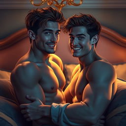 A sensual and artistic rendering of two young men exploring an intimate connection in a luxurious bedroom setting, filled with soft ambient lighting