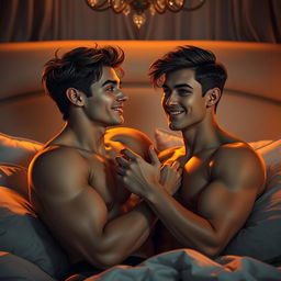 A sensual and artistic rendering of two young men exploring an intimate connection in a luxurious bedroom setting, filled with soft ambient lighting