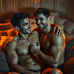 A sensual and artistic rendering of two young men exploring an intimate connection in a luxurious bedroom setting, filled with soft ambient lighting