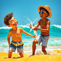 A vibrant and colorful depiction of two young Brazilian twinks enjoying a lively beach day