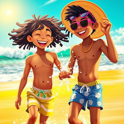 A vibrant and colorful depiction of two young Brazilian twinks enjoying a lively beach day