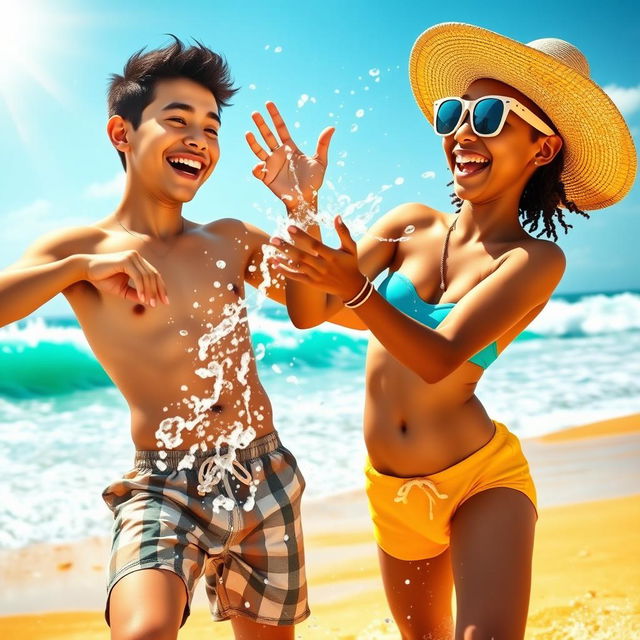A vibrant and colorful depiction of two young Brazilian twinks enjoying a lively beach day