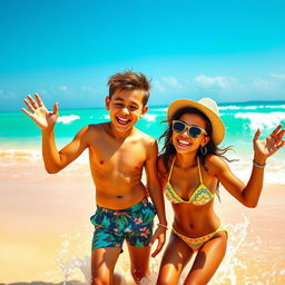 A vibrant and colorful depiction of two young Brazilian twinks enjoying a lively beach day