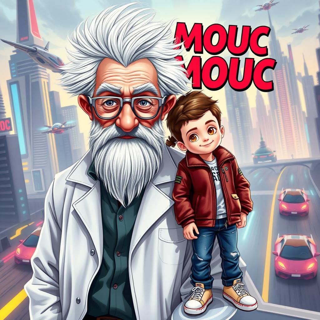 A book cover featuring Professor Mouc Mouc, an elderly man with wild white hair and a large white beard, wearing slightly unusual grey scientific glasses and a disheveled white lab coat