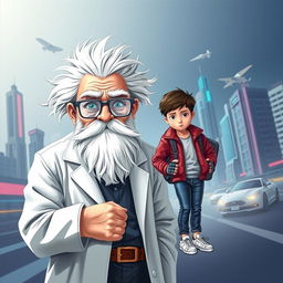 A book cover featuring Professor Mouc Mouc, an elderly man with wild white hair and a large white beard, wearing slightly unusual grey scientific glasses and a disheveled white lab coat