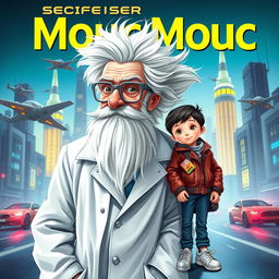 A book cover featuring Professor Mouc Mouc, an elderly man with wild white hair and a large white beard, wearing slightly unusual grey scientific glasses and a disheveled white lab coat