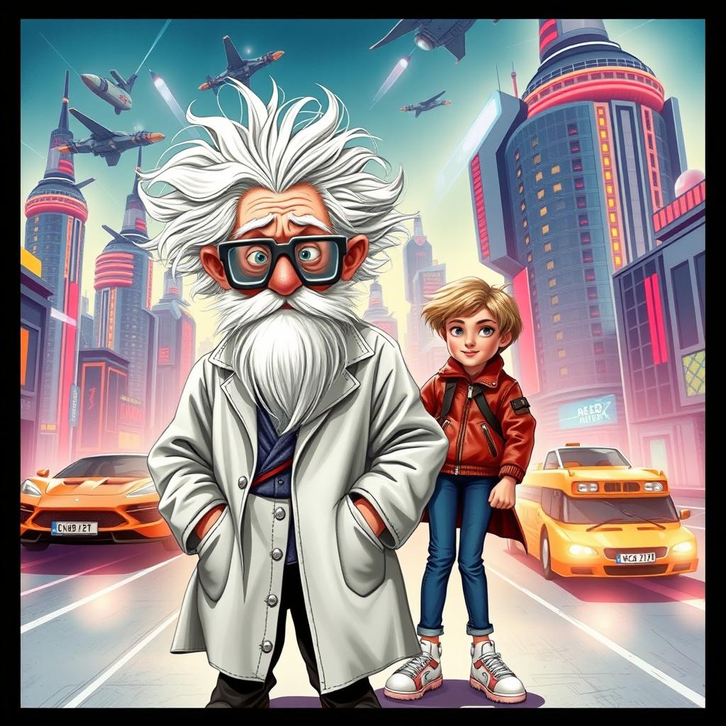 A book cover depicting Professor Mouc Mouc, an elderly scientist with wild white hair and a large white beard, wearing unique grey scientific glasses and a disheveled white lab coat