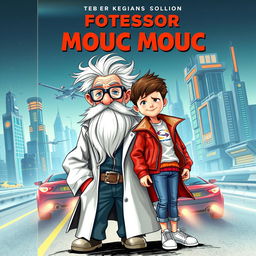 A book cover depicting Professor Mouc Mouc, an elderly scientist with wild white hair and a large white beard, wearing unique grey scientific glasses and a disheveled white lab coat