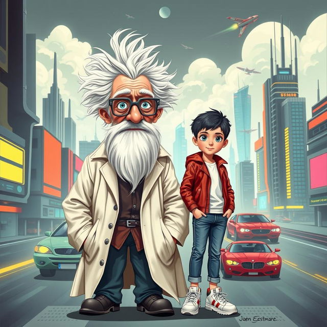 A book cover depicting Professor Mouc Mouc, an elderly scientist with wild white hair and a large white beard, wearing unique grey scientific glasses and a disheveled white lab coat