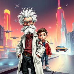 A book cover depicting Professor Mouc Mouc, an elderly scientist with wild white hair and a large white beard, wearing unique grey scientific glasses and a disheveled white lab coat