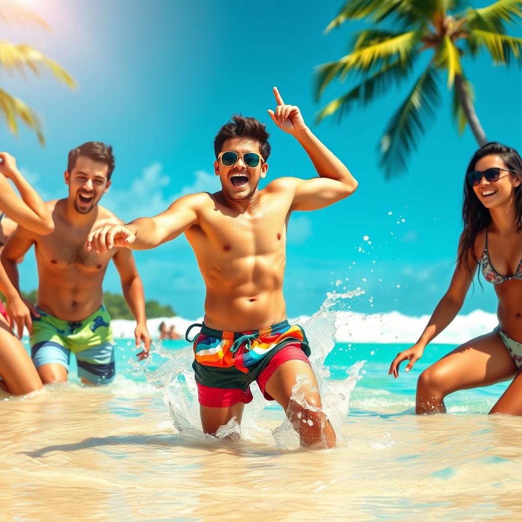 An expressive and vibrant scene depicting a young Brazilian twink enjoying a carefree day on a beautiful beach