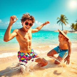 An expressive and vibrant scene depicting a young Brazilian twink enjoying a carefree day on a beautiful beach