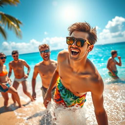 An expressive and vibrant scene depicting a young Brazilian twink enjoying a carefree day on a beautiful beach