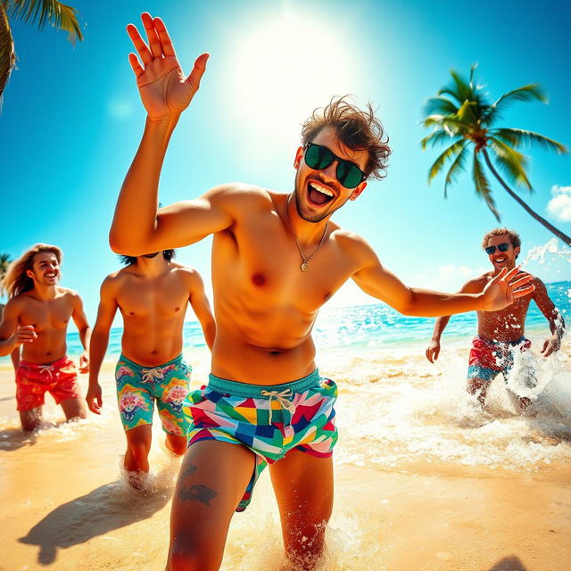 An expressive and vibrant scene depicting a young Brazilian twink enjoying a carefree day on a beautiful beach