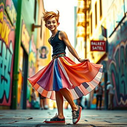 A playful and vibrant depiction of a twink wearing a stylish and flowy skirt, embodying confidence and flirtation